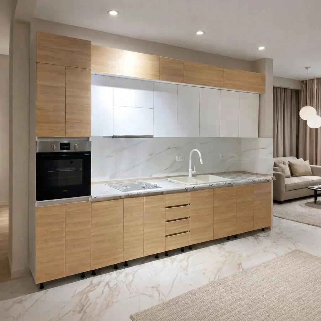 SP-1 | სამზარეულო | თურქული პრიალა თეთრი მდფ, ხის ფერი ლამინატი | 3,60